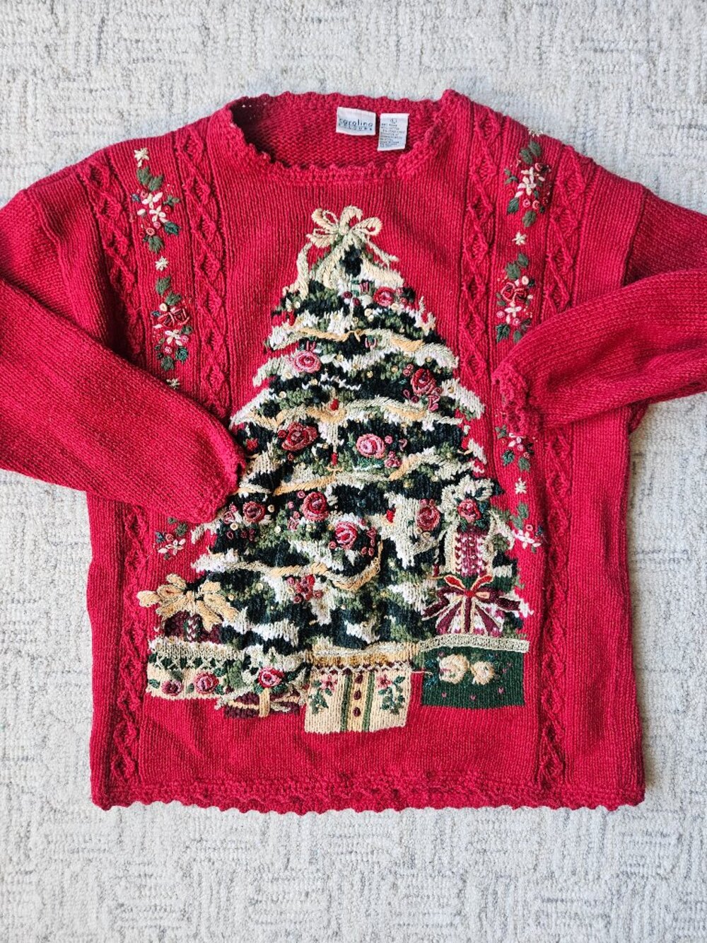 Vintage Carolina Colours Ugly Christmas Sweater Large Red Embroidered Tree Knit